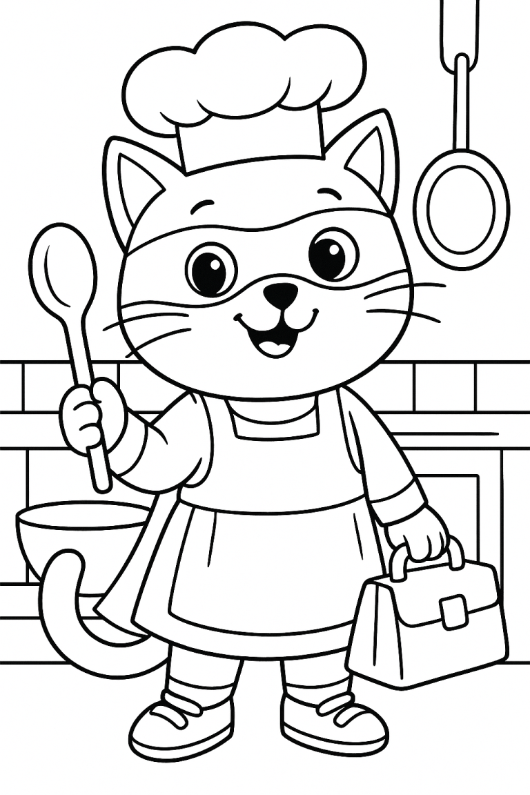 Cat dressed as a chef holding a spoon in the kitchen