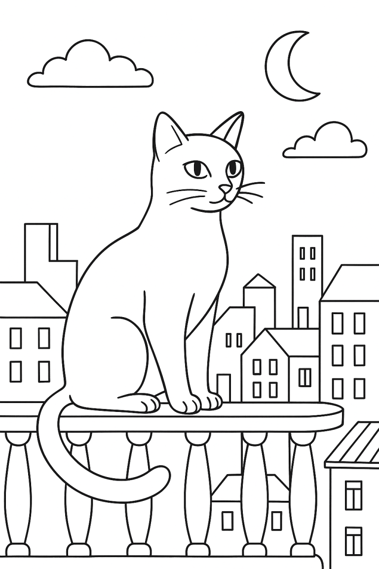 Cat sitting on a balcony overlooking cityscape