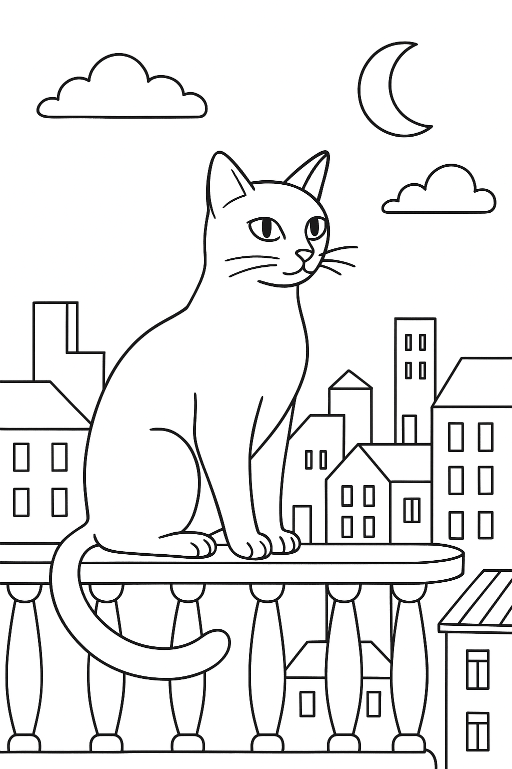 Cat sitting on a balcony overlooking cityscape