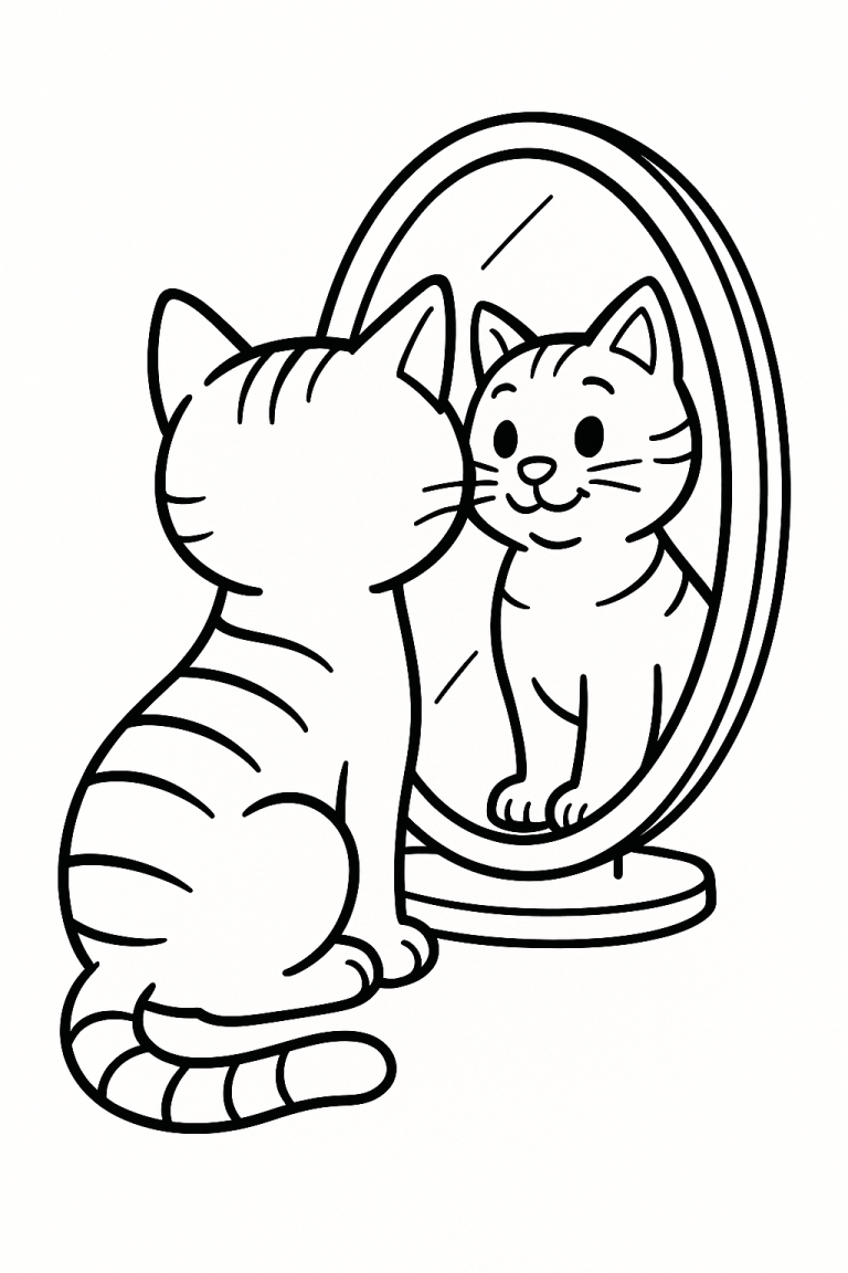 Cartoon cat looking in a mirror coloring page