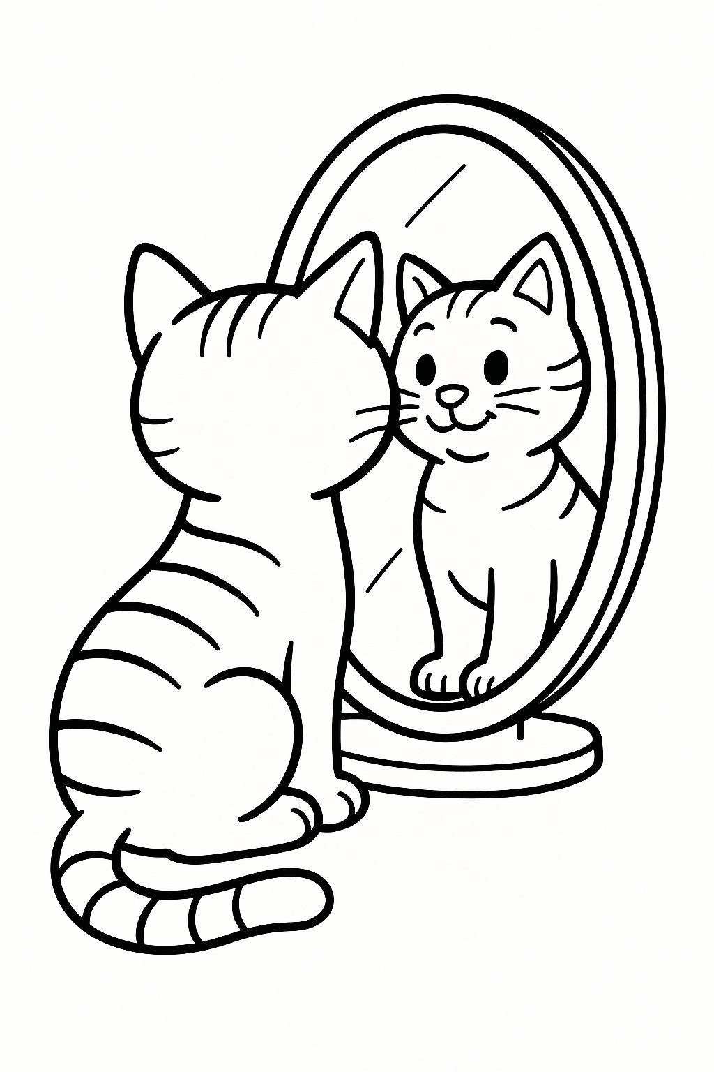 Cartoon cat looking in a mirror coloring page