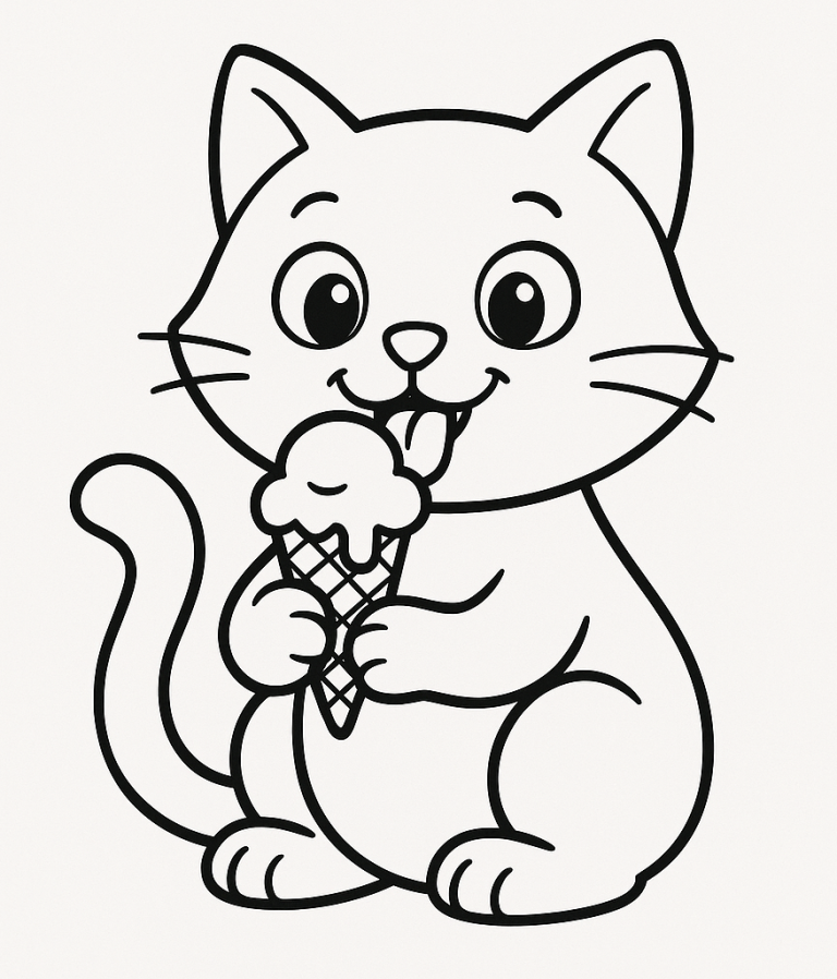 Cat holding an ice cream coloring page
