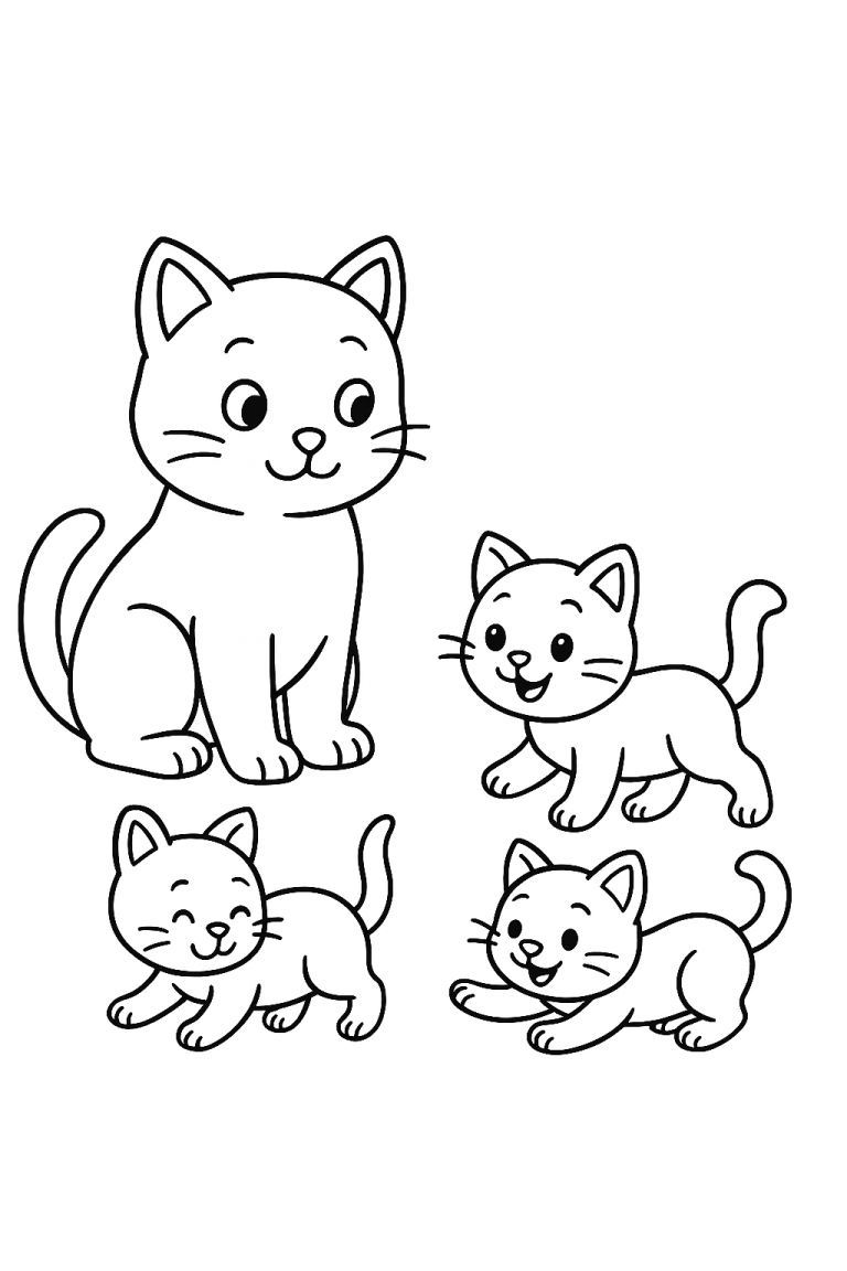 Coloring page with cat and kittens