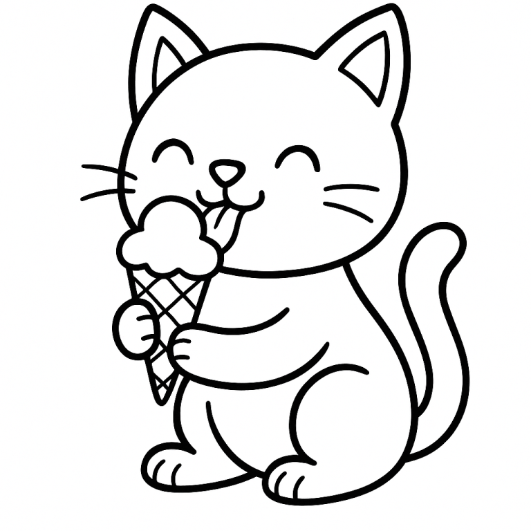 Cat enjoying an ice cream coloring page