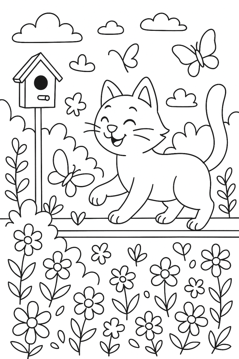 Cat coloring page with butterflies and flowers