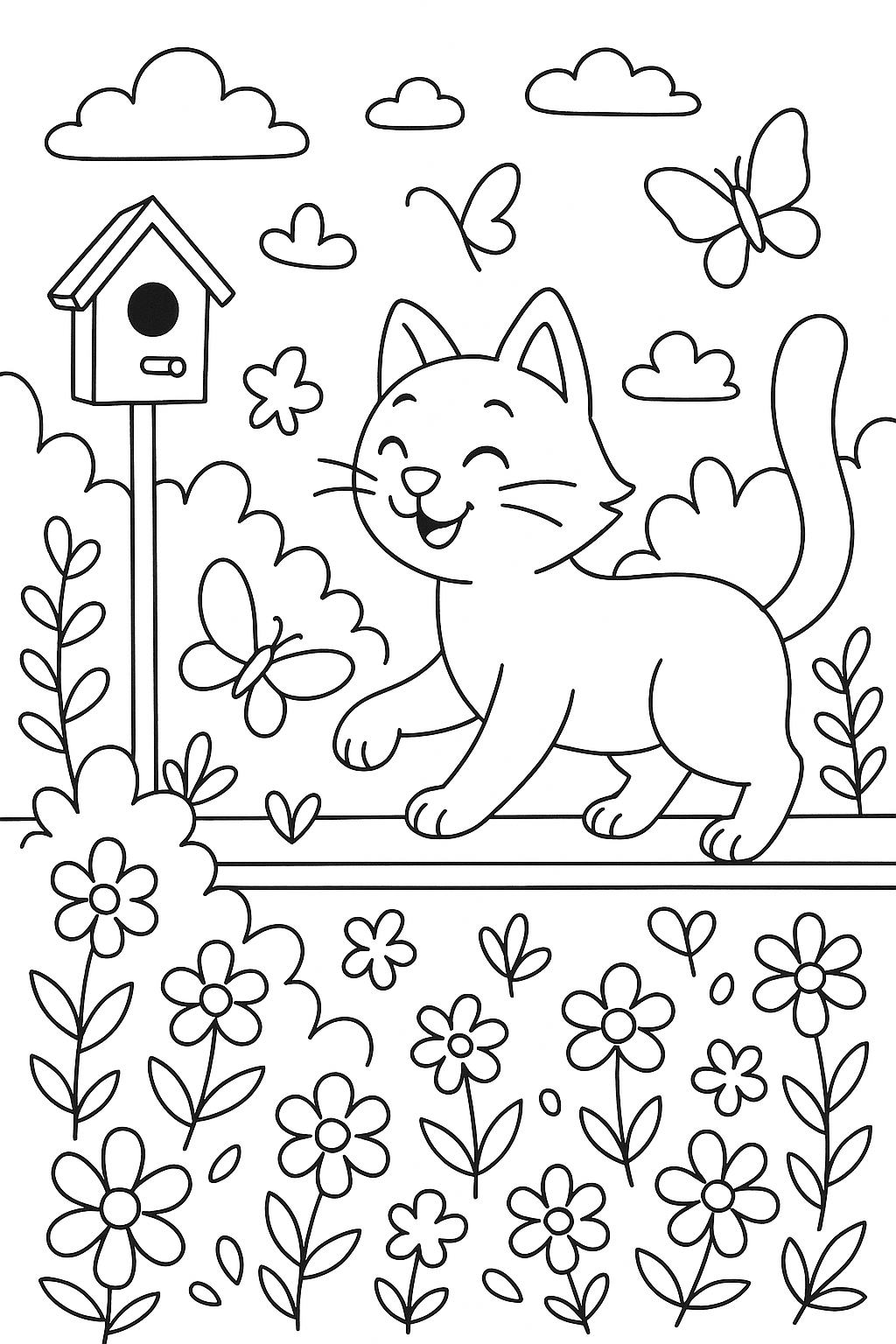 Cat coloring page with butterflies and flowers