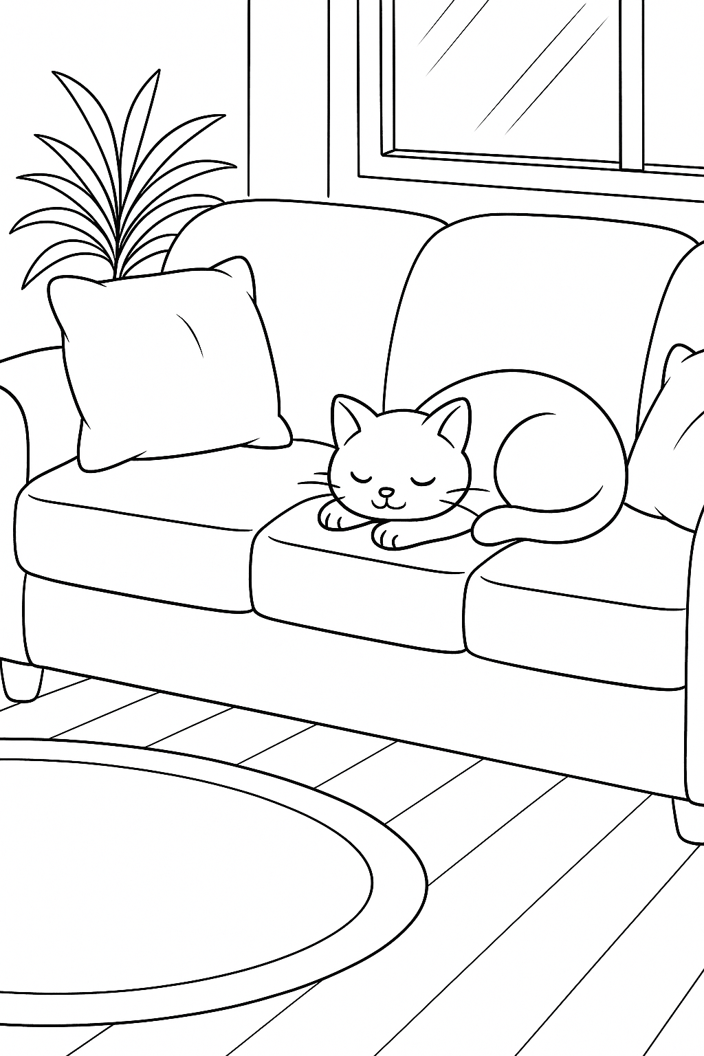 Cat resting on a couch coloring page