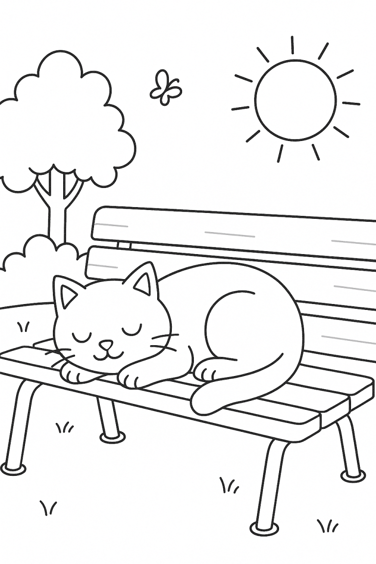 Children's coloring page of a sleeping cat on a bench