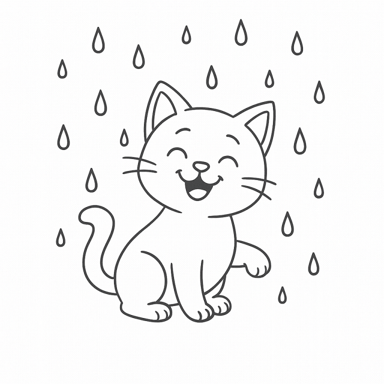 Coloring page of a happy cat with raindrops