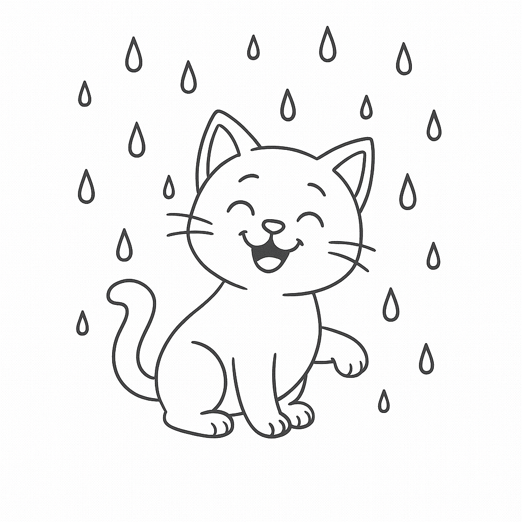 Coloring page of a happy cat with raindrops