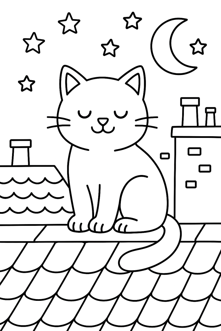 Coloring page of a cat sitting on a roof with stars and moon.