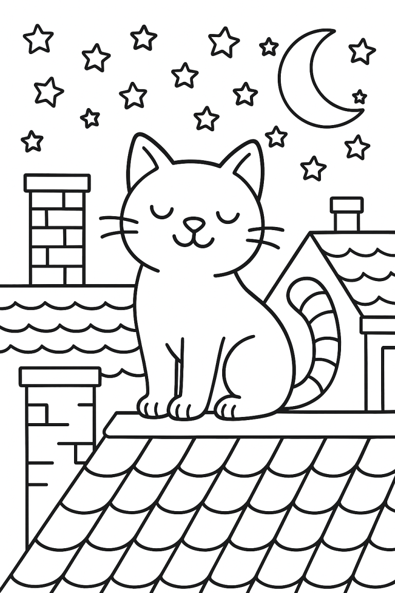 Cat sitting on a rooftop under stars and moon