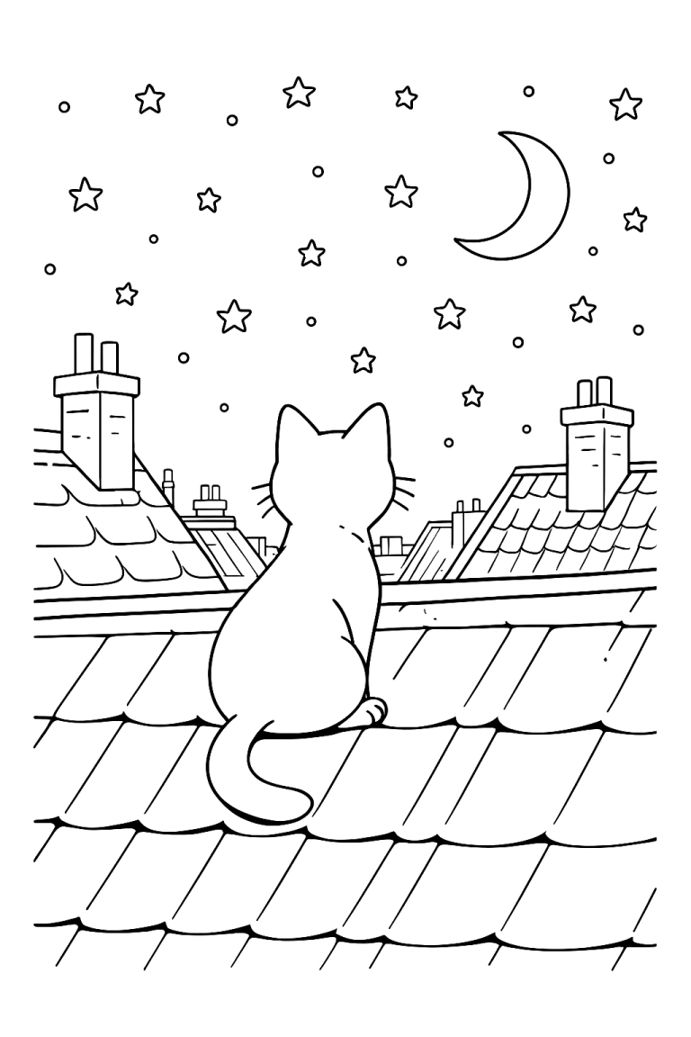 Cat sitting on a rooftop under a starry sky