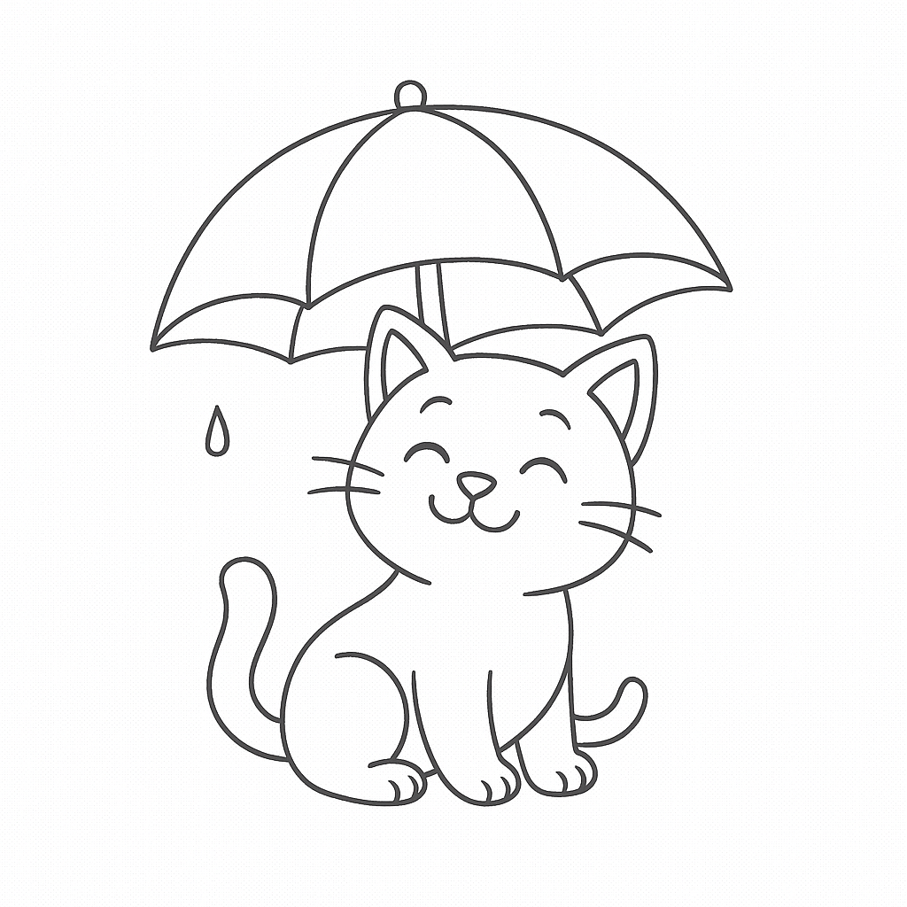 Smiling cat sitting under an umbrella.