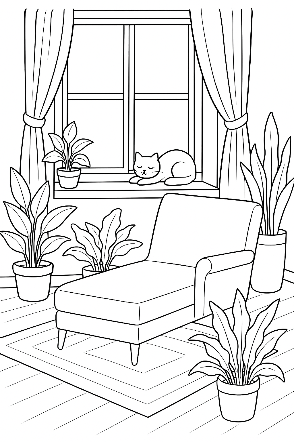 Coloring page with a cat on a window ledge and plants