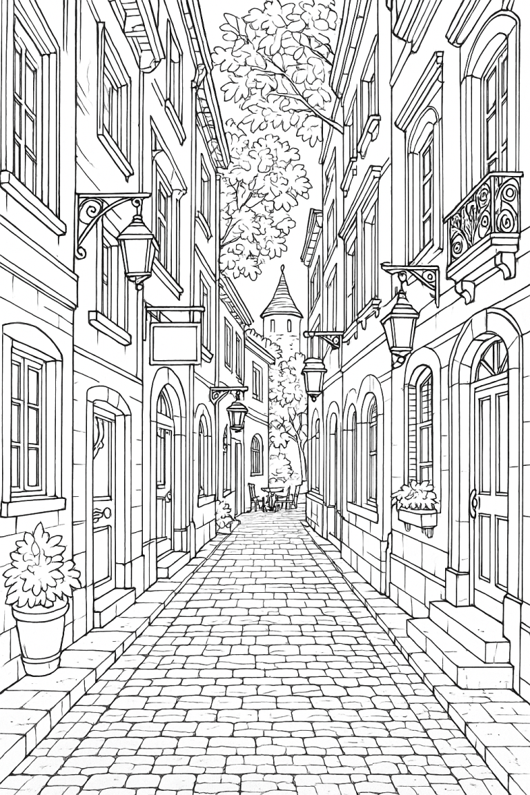 Charming street scene coloring page for kids