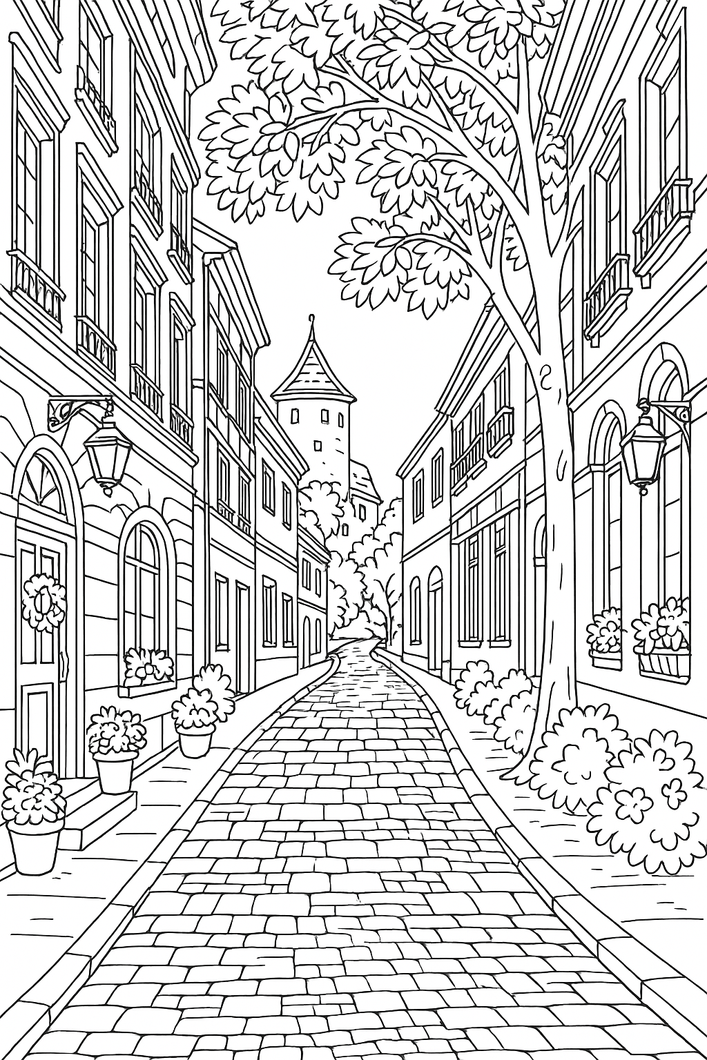Charming town street coloring page
