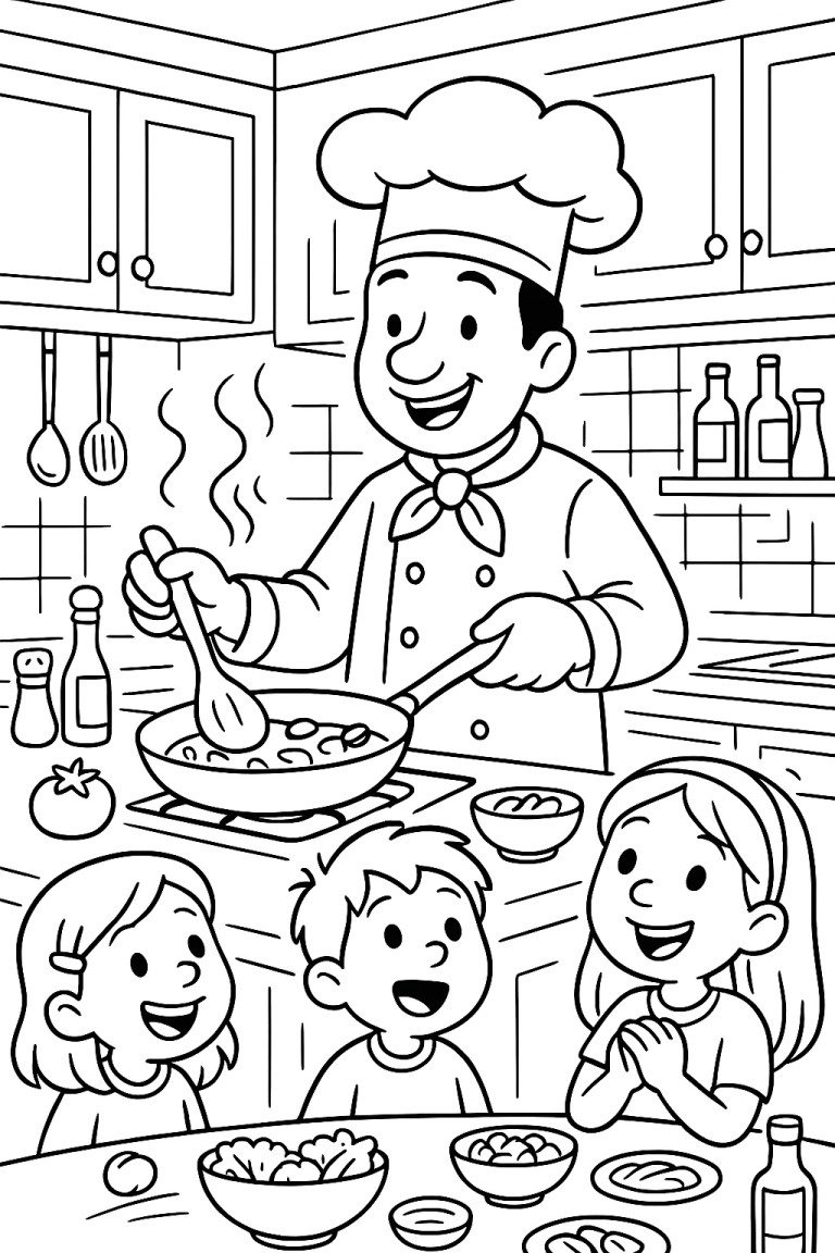 Chef cooking with kids coloring page