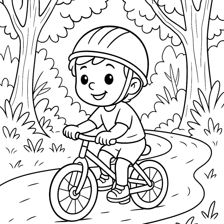 Child riding a bike on a forest path coloring page