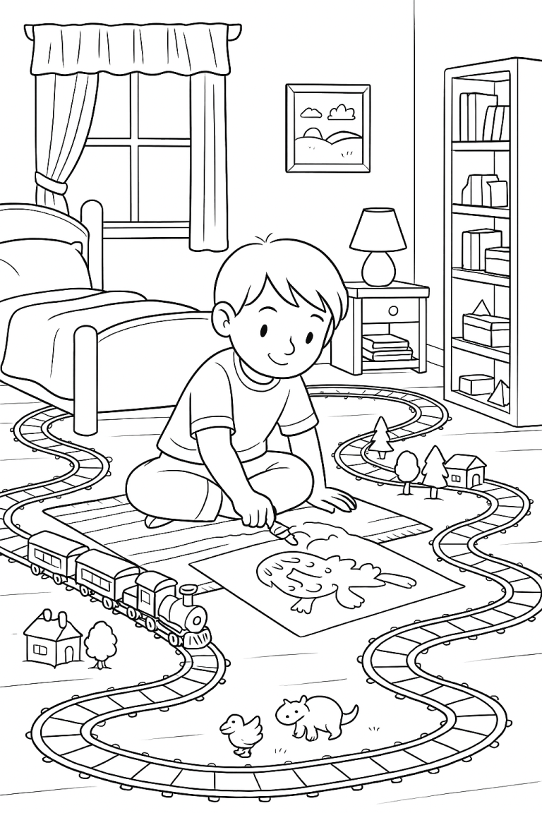 Child coloring in a playroom with a toy train set.