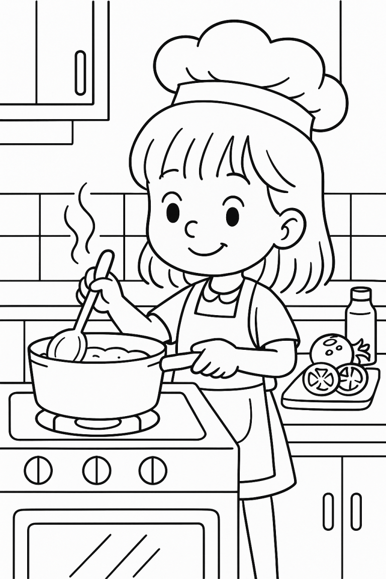 Child in a kitchen cooking a meal.