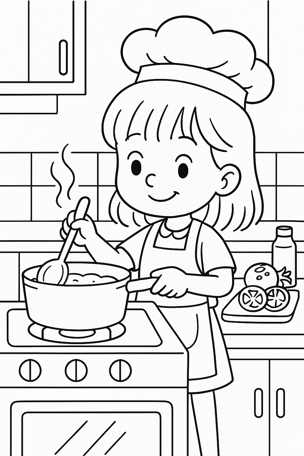 Child in a kitchen cooking a meal.