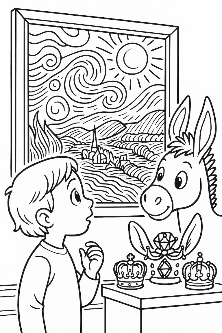 Coloring page of a child and donkey with crowns