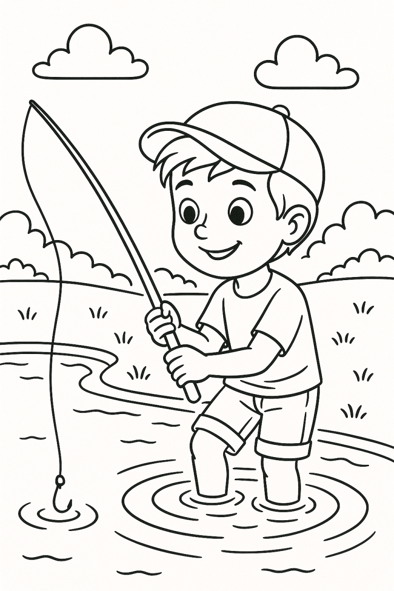 Coloring page of a child fishing in a pond