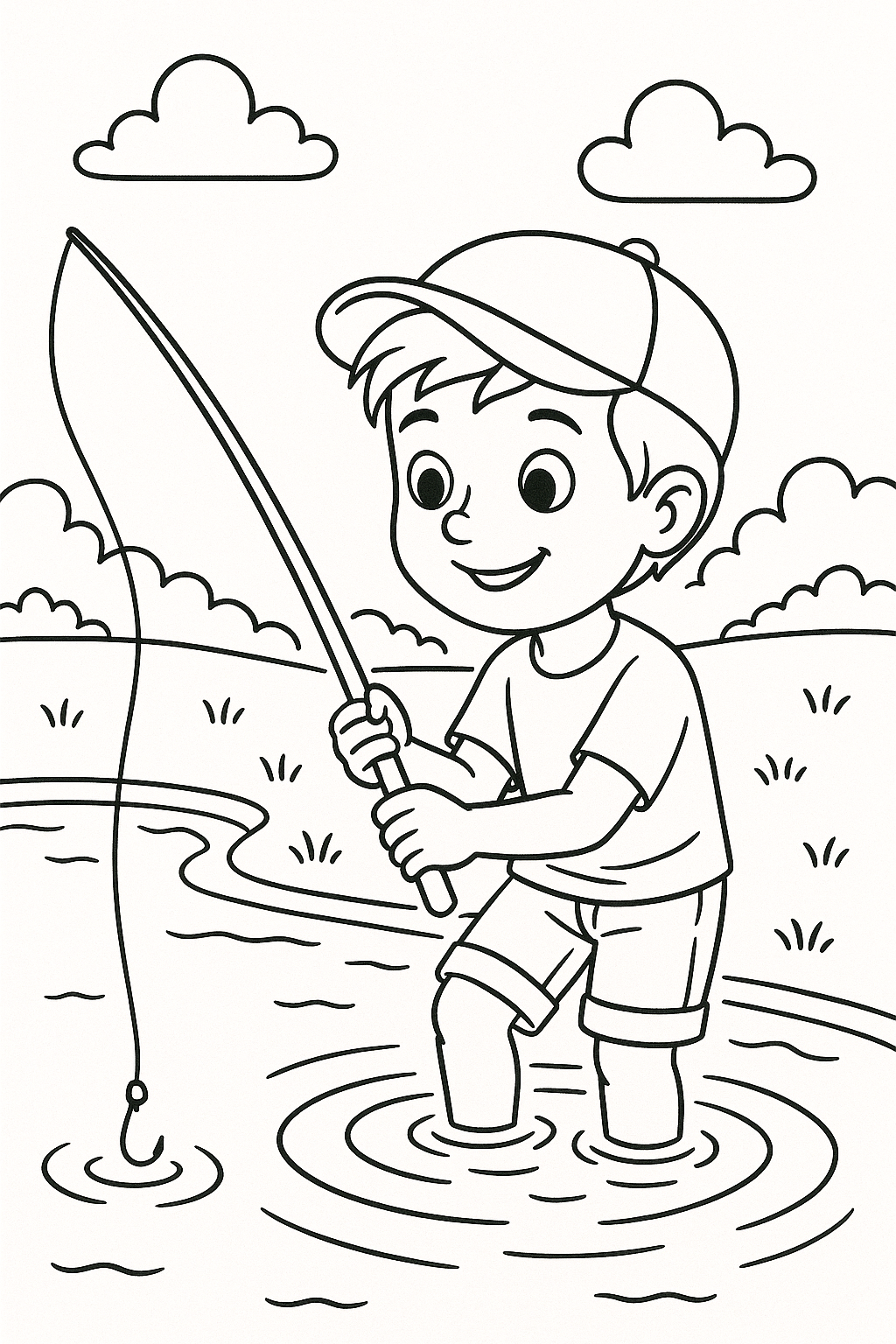 Coloring page of a child fishing in a pond
