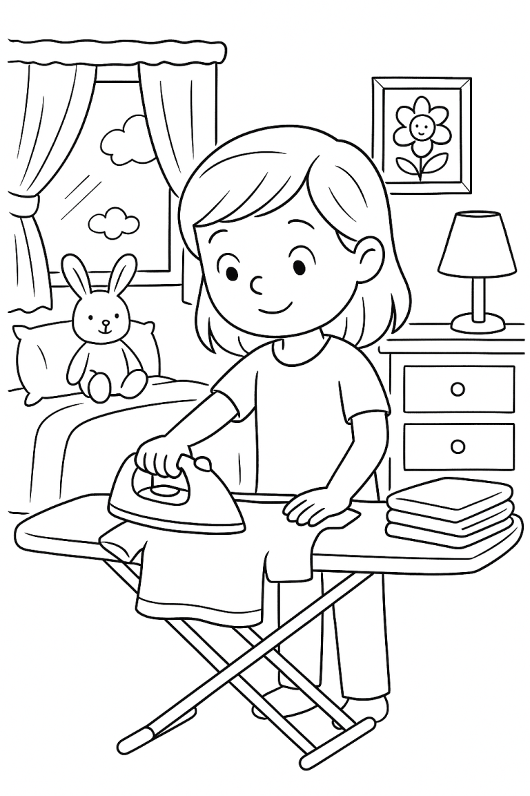 Child ironing clothes on a board in a bedroom setting