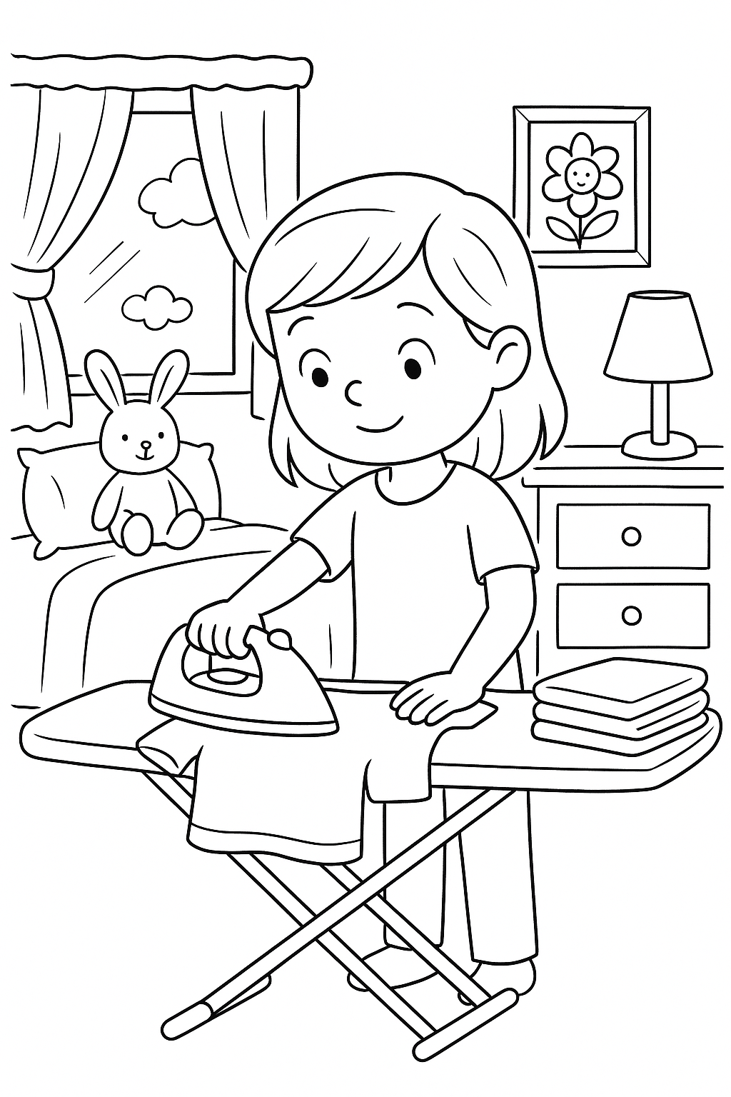 Child ironing clothes on a board in a bedroom setting