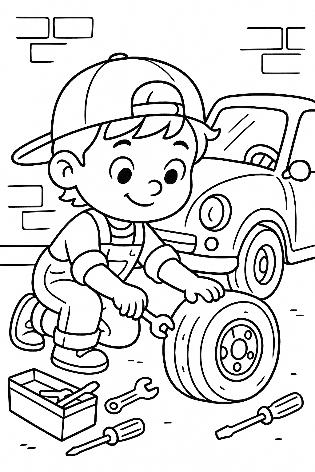 Child mechanic working with tools and a car