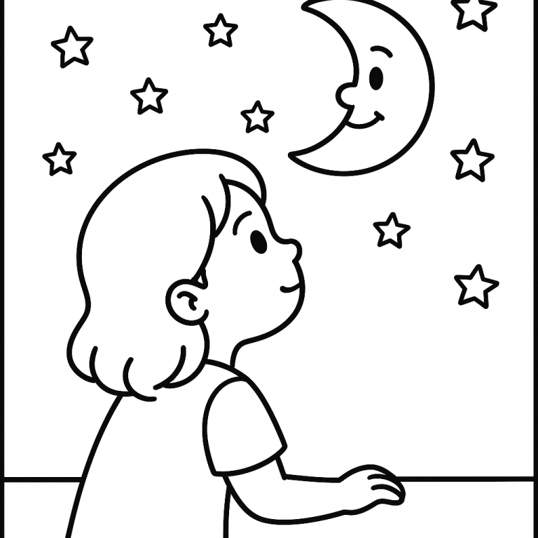 Child looking at a smiling moon with stars