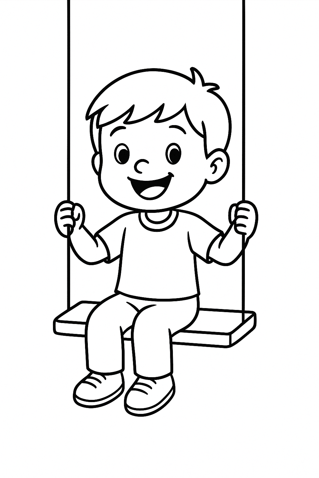 Child happily sitting on a swing, ready to be colored.