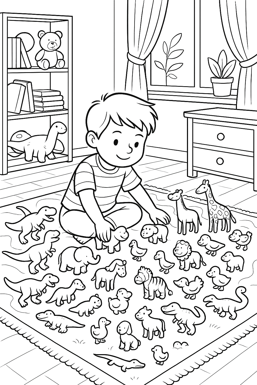 Child playing with toy animals in a room