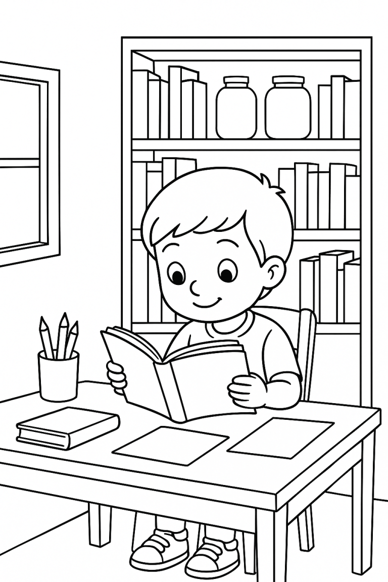 Child sitting at a table reading a book