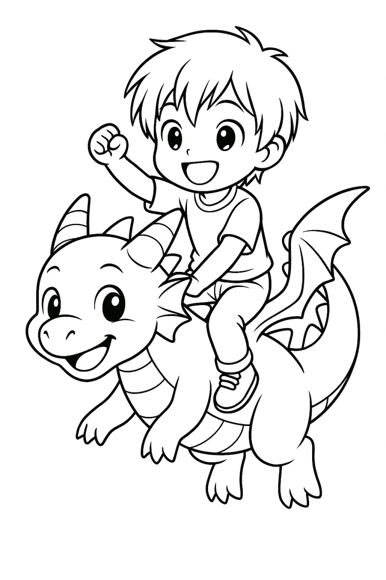 Child riding a friendly dragon coloring page