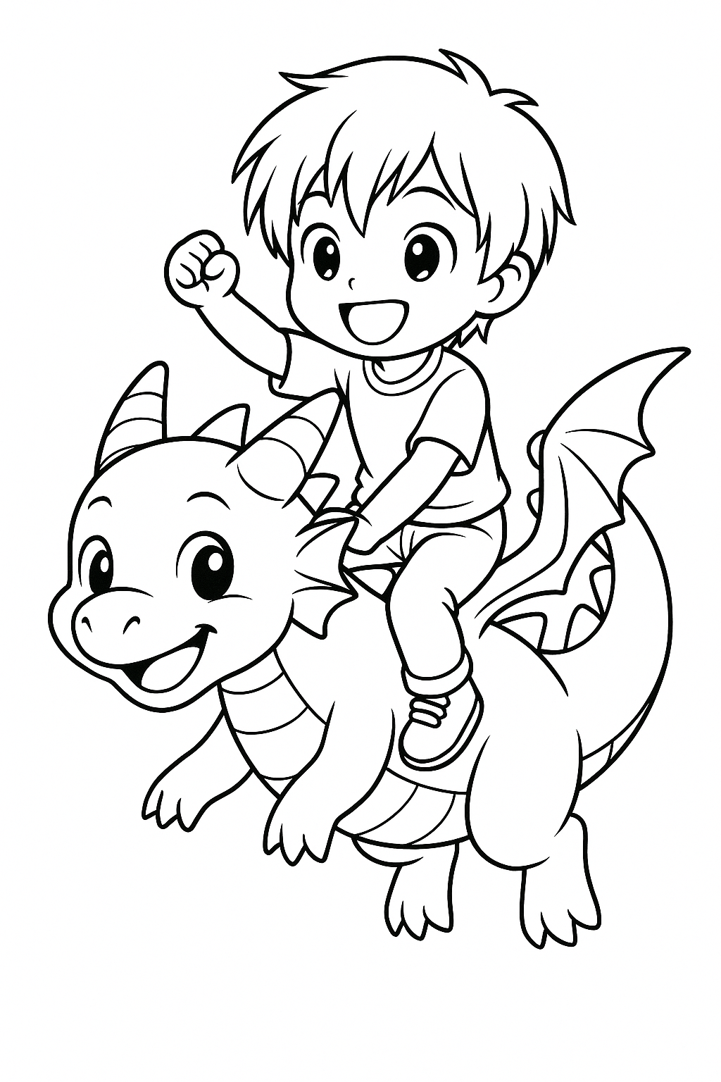 Child riding a friendly dragon coloring page