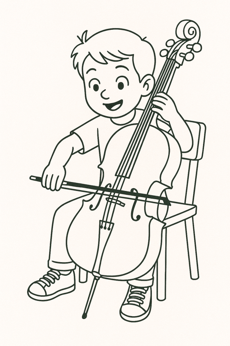 Child playing a cello coloring page