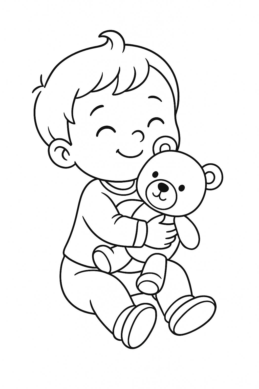 Child hugging a teddy bear coloring page