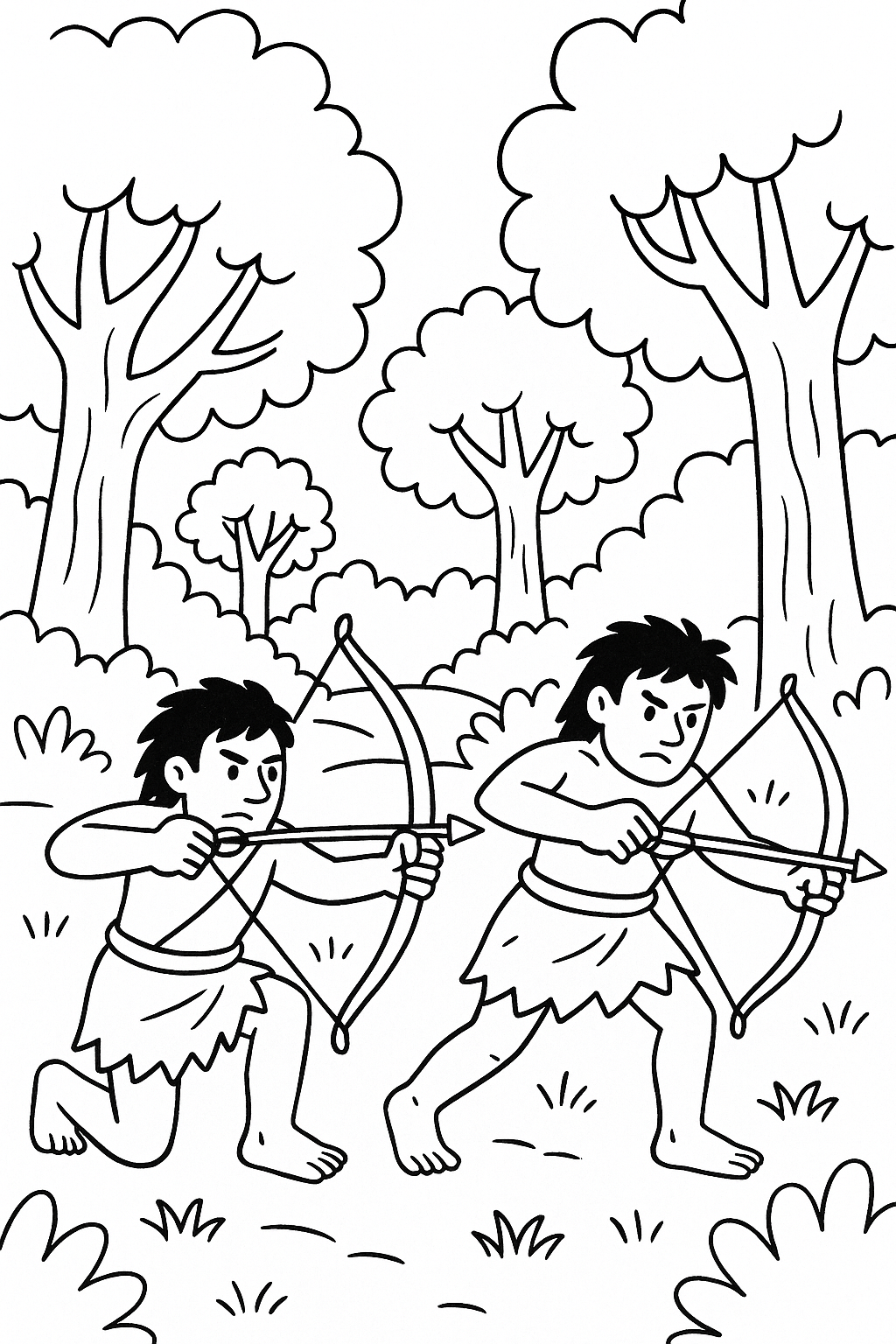 Children archers in a forest coloring page