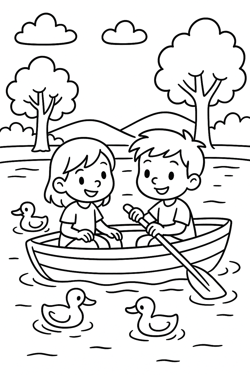 Children in a boat with ducks and trees