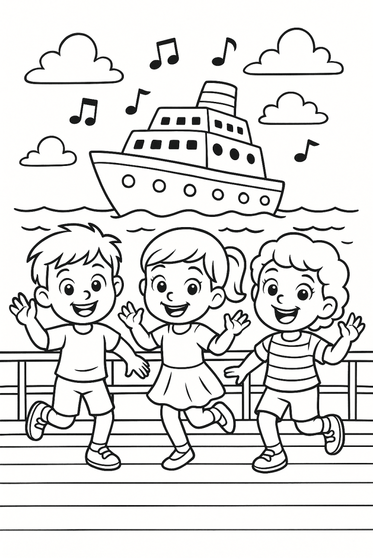 Children coloring page with ship and music notes