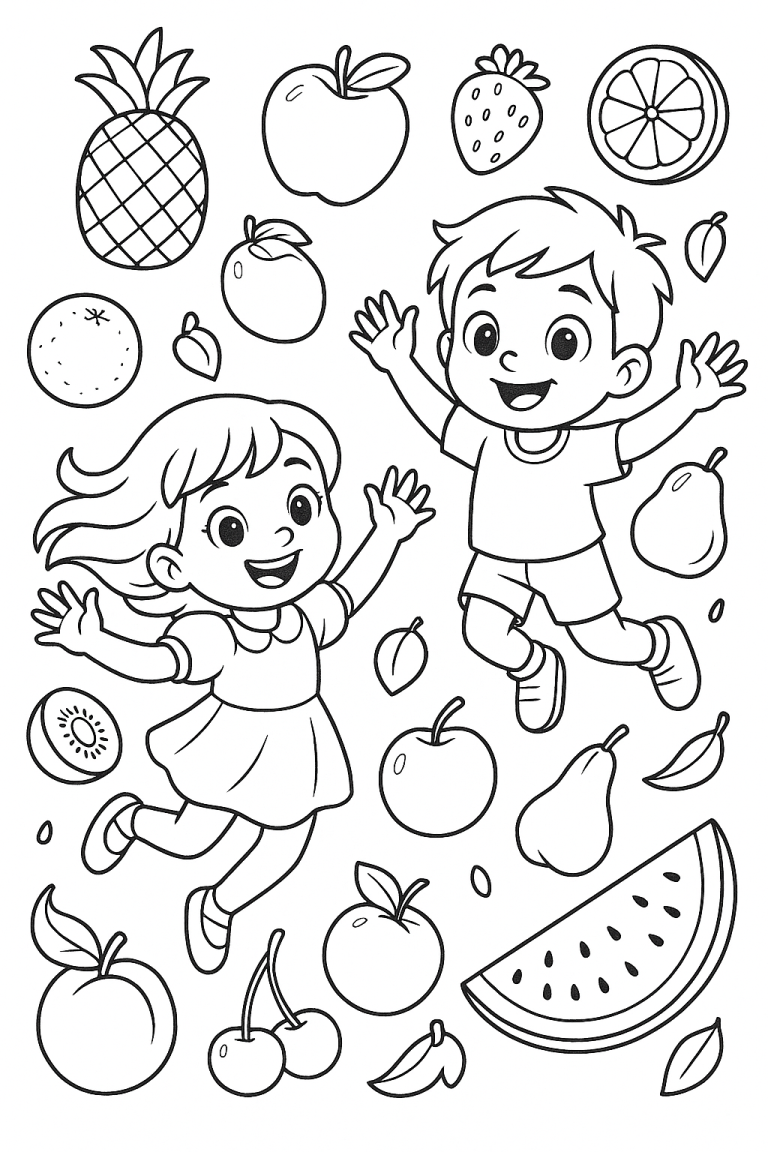 Children's coloring page with kids and fruits
