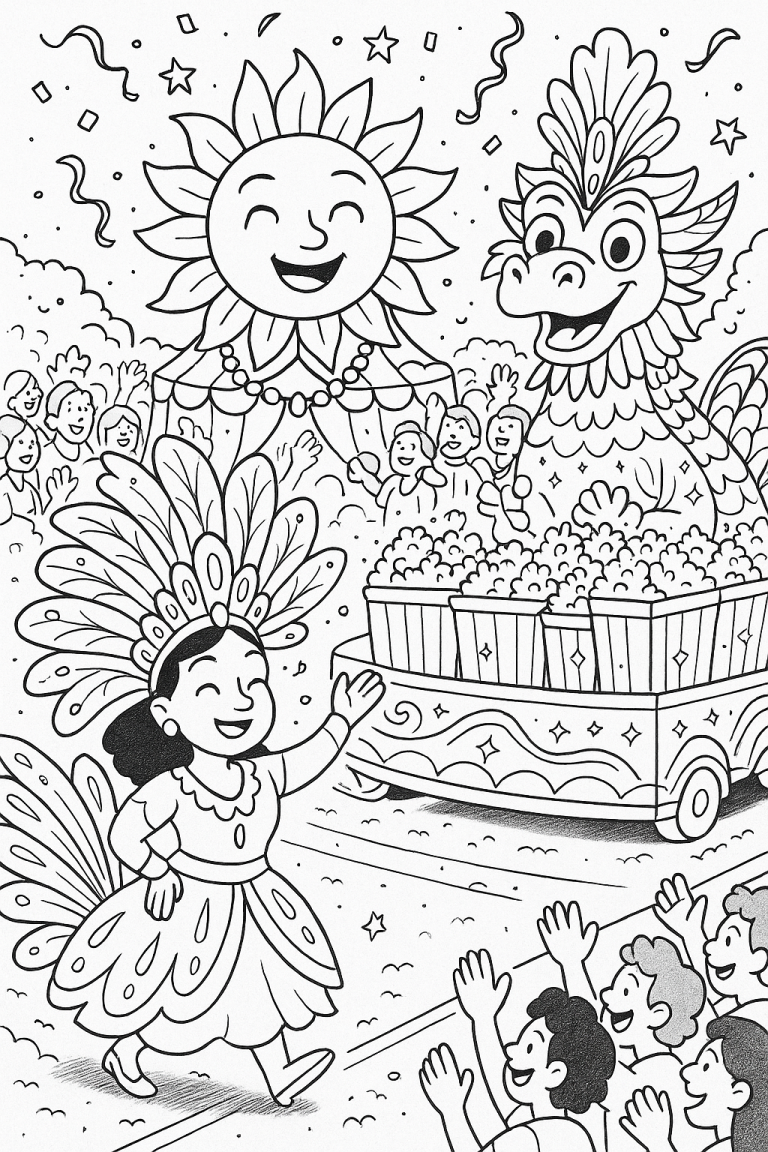 Children's parade with mythical creatures and joyful crowd