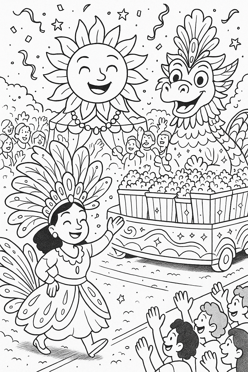 Children's parade with mythical creatures and joyful crowd