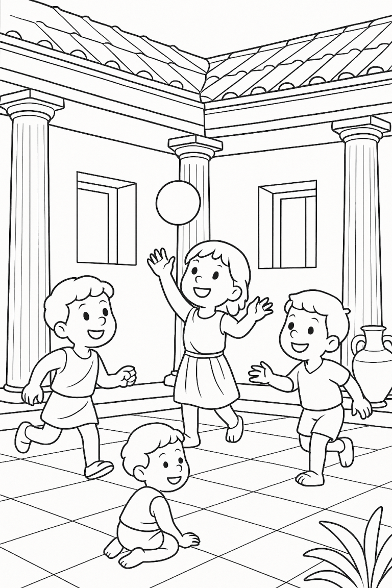Children playing with a ball in a courtyard coloring page
