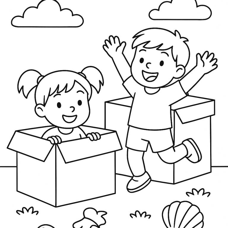 Children playing with boxes and toys in a coloring page