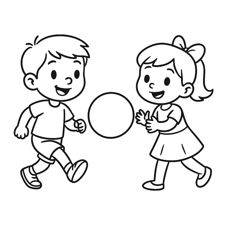 Children playing with a ball coloring page