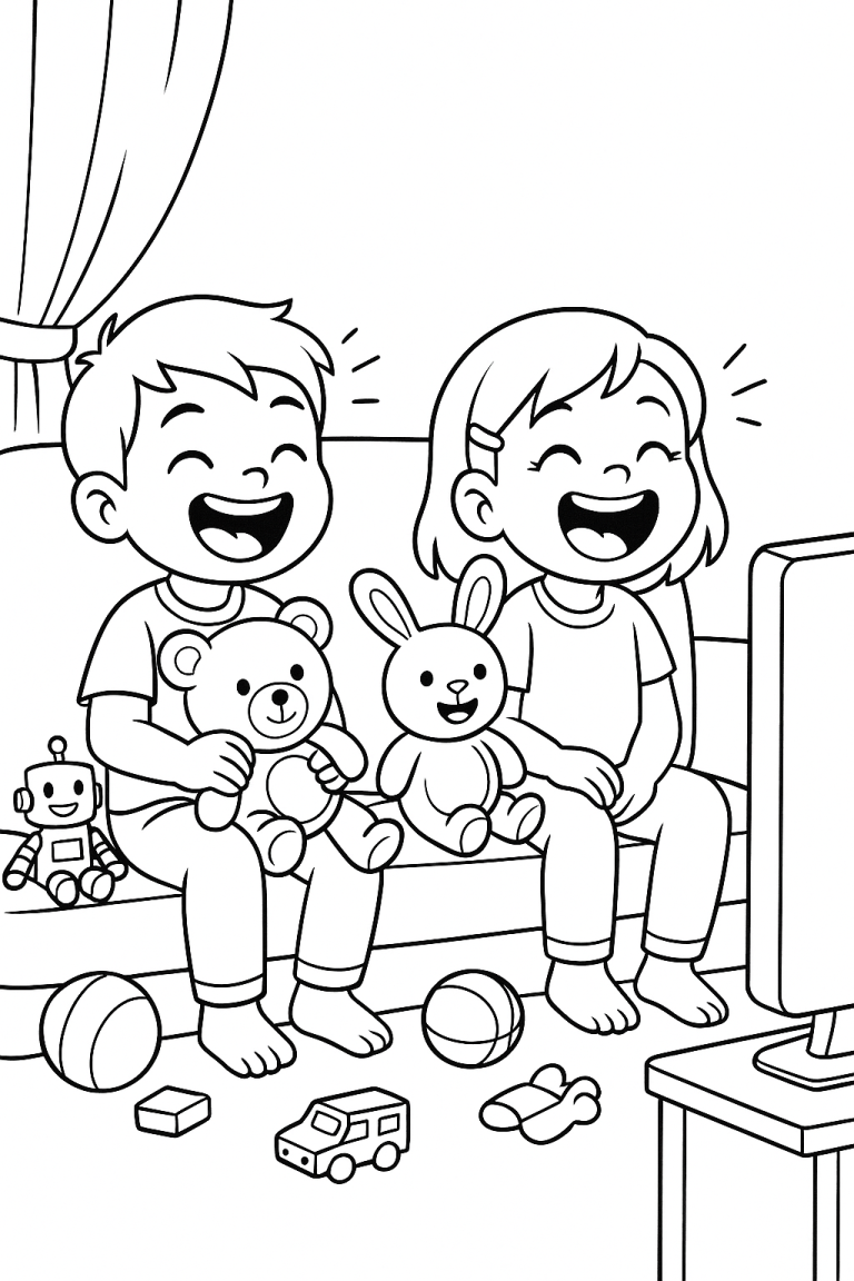 Children playing and laughing with toys on a sofa.
